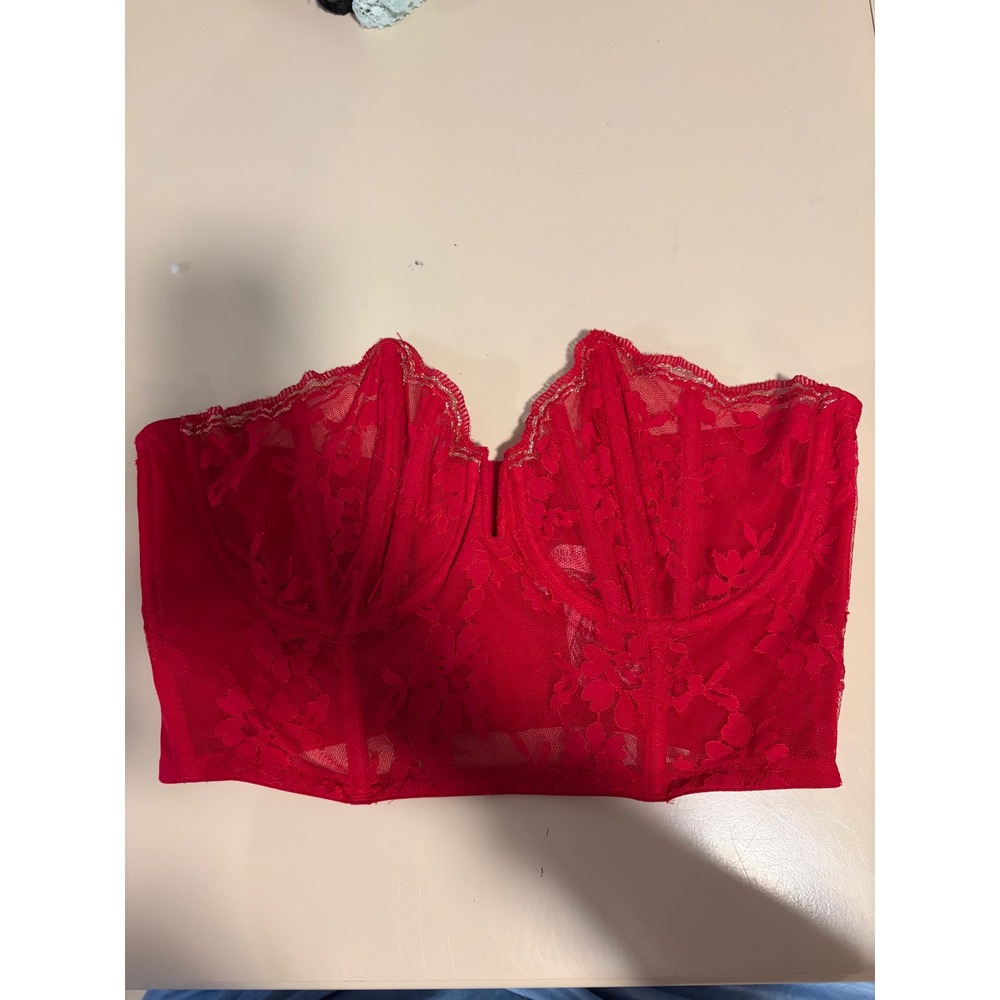 Victoria's Secret Dream Angels Red Lace Longline Bra 36C Strapless Underwire